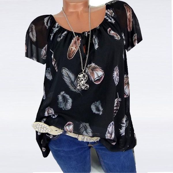 

women's blouses & shirts fashion feather print blouse chiffon plus size loose casual summer ladies female women short sleeve blusas, White