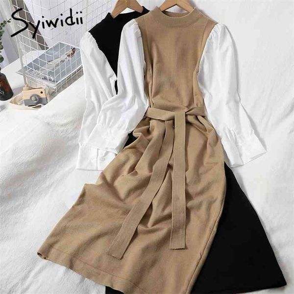 

high waist dresses women bow lace up spliced contrase color puff sleeve o-neck a-line clothing spring fashion 210607, Black;gray