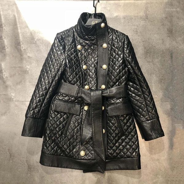 

women coat spring and autumn fashion casual genuine leather jacket with belt diamond grid pattern outerwear fillers cotton women's & fa, Black
