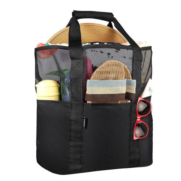 

storage bags mesh beach bag tote foldable grocery with extra 6 exterior pockets for picnic swimming travel organizer