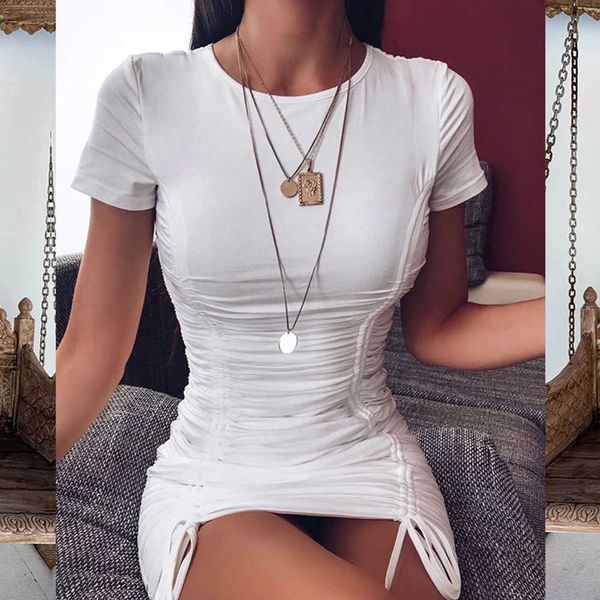 Jocoo Jolee Estate manica corta coulisse sottile mini vestito aderente elegante bianco increspato pieghettato vestito dalla fasciatura vestito da club del partito 210619