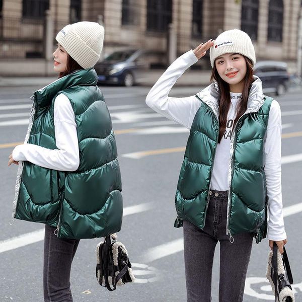 

women's vests glossy down cotton vest women loose thick 2021 autumn and winter short waistcoat female sleeveless jacket, Black;white