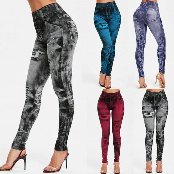 

women's leggings 2021 women gym faux denim jeans pocket printing casual high waist pencil pants plus, Black