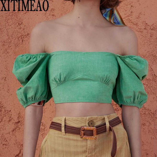 

za women sweet fashion solid color cropped blouses vintage square neck puff sleeve frenulum of back female chic short 210602, White