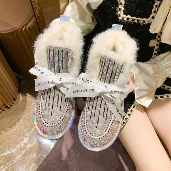 

boots bling crystal warm snow women bow-knot colorful sequined cloth rhinestones diamonds winter plus fur shoes woman, Black