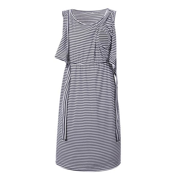 

maternity dresses pregnant women stripe printed sleeveless dress o neck bandage breastfeeding clothes vestido maternidad 2021, White