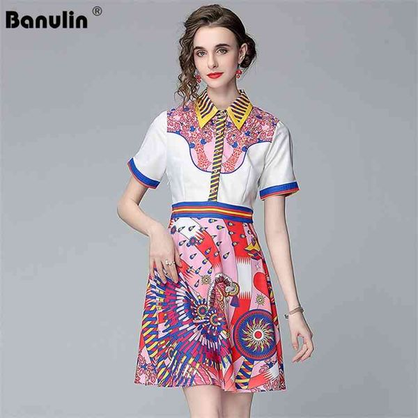 

banulin summer runway shirt dress women's turn down neck short sleeve vintage floral print slim female vestidos 210603, Black;gray