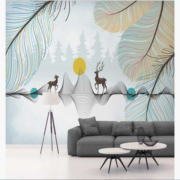 

wallpapers custom wallpaper mural modern minimalist feather day debut financial tree couple elk background wall