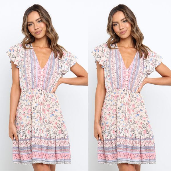

fashion dress 2021 summer v-neck loose print button, Black;pink