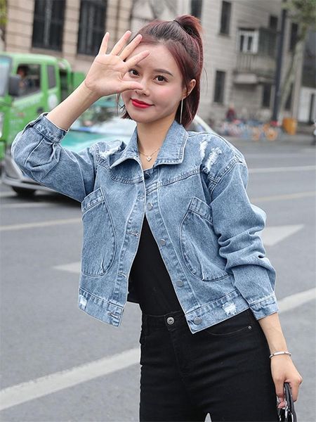 

women's jackets korean spring coat women 2021 denim jacket short loose students versatile harajuku style hole jeans jaqueta kn025, Black;brown