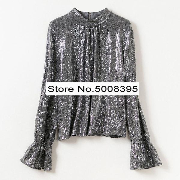 

women's blouses & shirts [7evening] - fashion gold silver sequined blouse high neck zipper back long sleeves with flared cuffs amazing, White