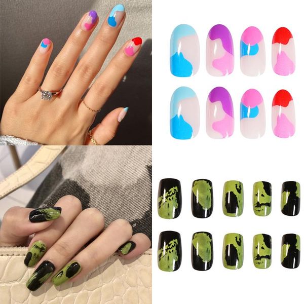 

false nails 24pcs ballerina fake candy colors abstract nail art natural coffin press on tips abs full cover decor, Red;gold