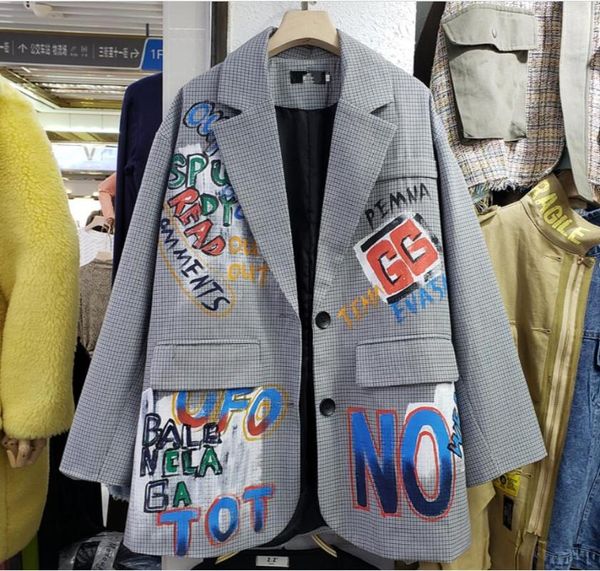 

autumn british style leisure graffiti letters suit jacket women's loose plaid blazer coat female outwear suits & blazers, White;black