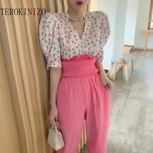

women's two piece pants terokinizo vetement femme v neck short sleeve floral printed blouse unicolor hign waist korean style women set, White