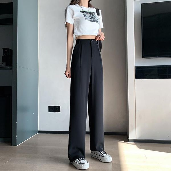 

women's pants & capris 2021 spring summer white wide leg high waist button female elegant minimalism office work trousers, Black;white