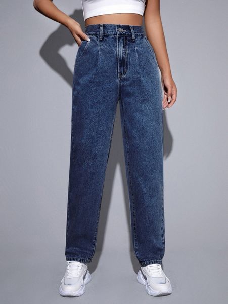 

high waist plicated detail jeans p0qg#, Blue