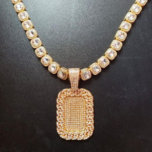 

men women square cubic zirconia tennis chains dog tag hip hop iced out bling jewelry gold color 13mm cz choker necklace 50cm pendant necklac, Silver