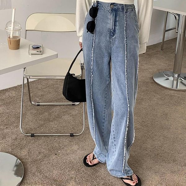 

women's jeans high waist solid edge women fashion temperament loose denim trousers woman casual straight wide leg pants ladies 2021, Blue