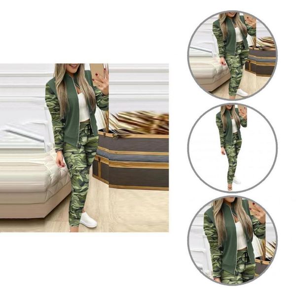 

women's two piece pants trendy camouflage stitching stand collar sporty outfit casual tracksuit warm straight, White