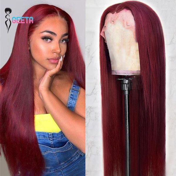 

geeta peruvian human hair wigs burgundy 99j 13x1 t part straight lace front with baby remy frontal wig for women1, Black;brown