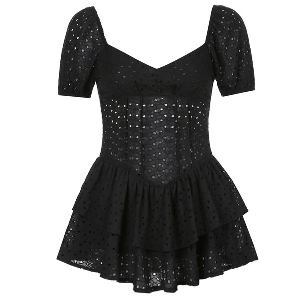 

fashion v neck ruffles pleated dress women puff sleeve chic black summer dress party hollow out vintage corset ladies, White;black