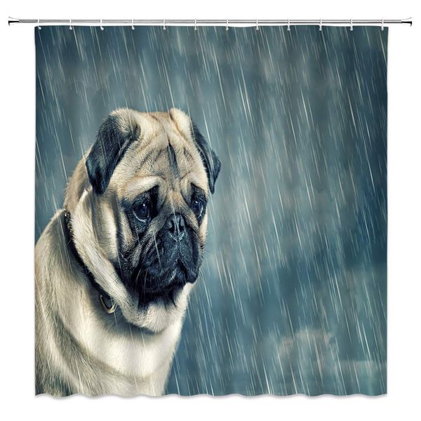 

funny dog shower curtain,sadness pug wet in rain inspired render sad emotions pet print fabric bathroom decor,hooks included,71