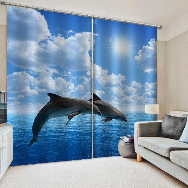 

customized size luxury blackout 3d window curtains for living room blue ocean dolphin curtain & drapes