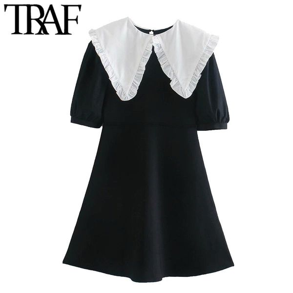 Traf Mulheres Doce Forma Patchwork Mini Mini Vestido Vintage Peter Pan Collar Manga Curta Vestidos Femininos Vestidos 210415