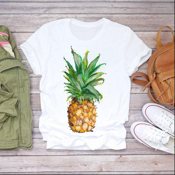 

fruit pineapple beach watercolor printed womens t shirt short sleeve graphic tee, White