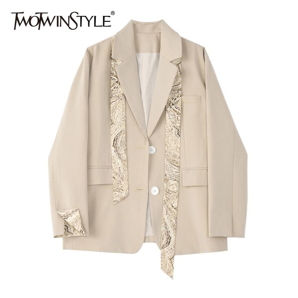 

twotwinstyle korean patchwork ribbons blazer for women notched long sleeve casual thick blazers female fashion autumn 210517, White;black