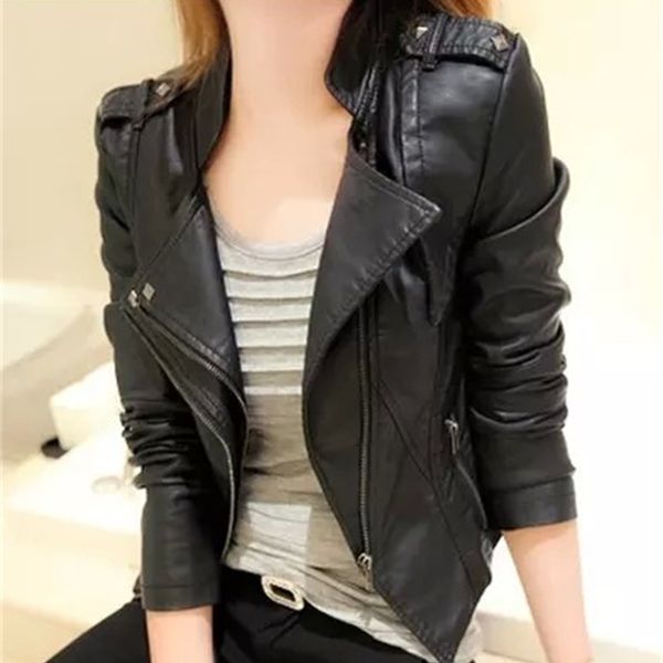 

women's leather & faux spring plus size female leather jacket km9u, Black