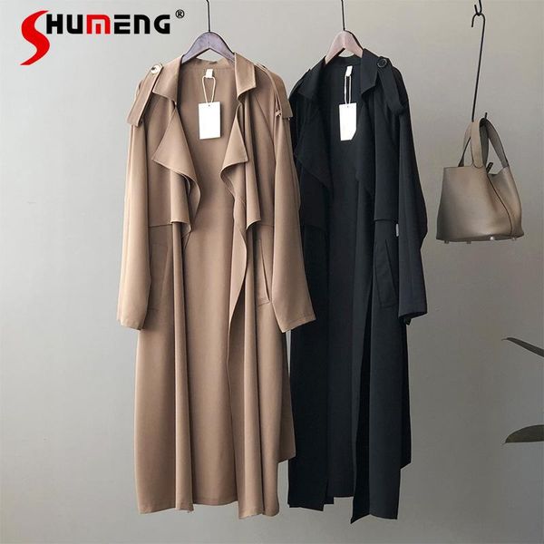 

women's trench coats 2021 autumn ladies fashion elegant long coat retro british style solid color belt casual baggy windbreaker, Tan;black