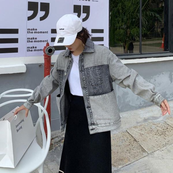 

women's jackets jean jacket women loose casual gray fashion patchwork student coats outerwear denim feminine chaqueta mujer plus size, Black;brown