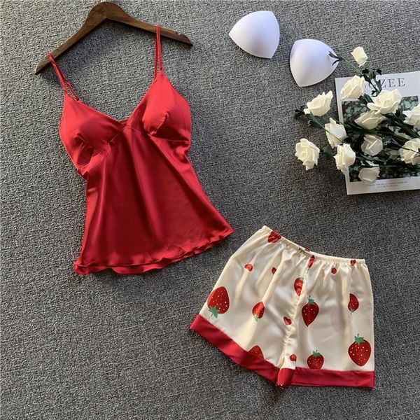 

silk satin sleeveless pyjama women sleepwear v neck floral pajama set lace nightwear for, Black;red