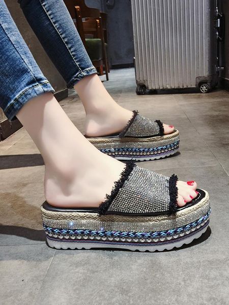 

slippers shoes woman 2021 casual pantofle platform heeled mules glitter slides luxury soft flat high jelly crystal fashion p, Black