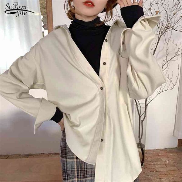 

spring cotton plus size shirts for women solid turn down collar vintage and blouse long sleeve female shirt 210421, White