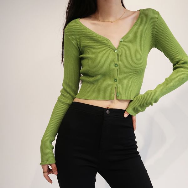 

women's knits & tees women v neck fitted rib cardigan button up knit crop top, White