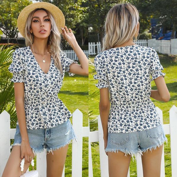 

women's blouses & shirts real s spot 2021 summer european and american fashion chiffon print v-neck trumpet short sleeve shirt, White