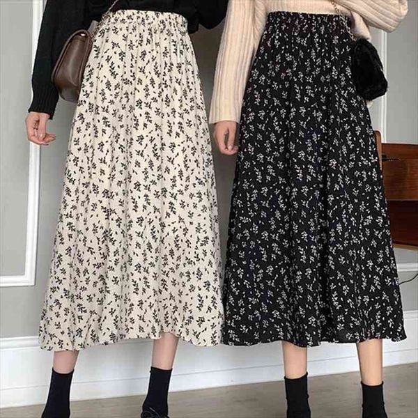 

spring summer floral print korean women skirt fashion clothing elastic waist casual style a line skirts for, Black
