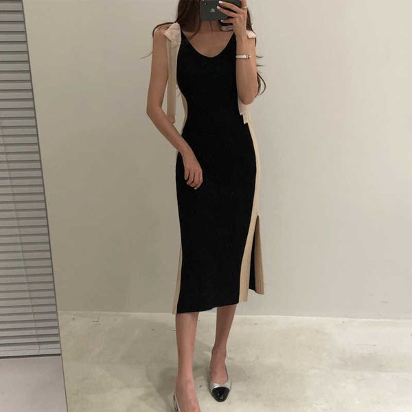 

summer hit color patchwork knitted bodycon dress women casual party tank sundress bow shoulder sheath dress 210529, Black;gray