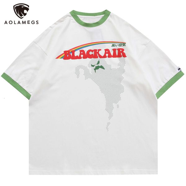 

men's polos aolamegs patched letter colorful impression male t-shirt university style shirts summer oversize harajuku retro fashion str, White;black