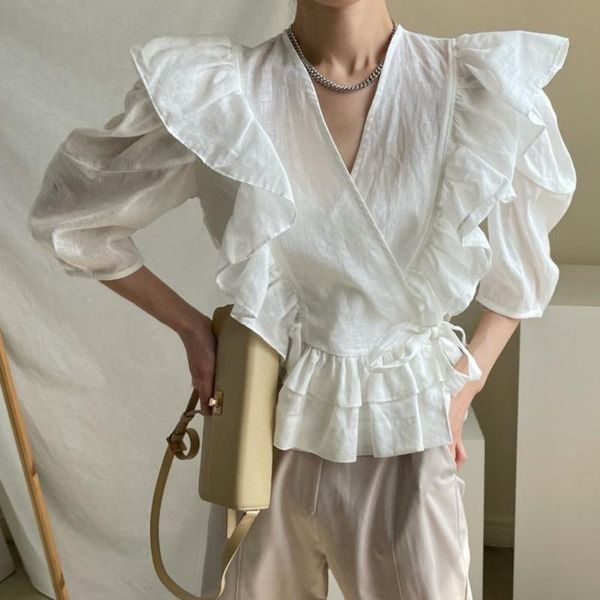 

women's blouses & shirts patchwork ruched casual for women v neck puff half sleeve slimming solid females summer 2021 clothing e857, White