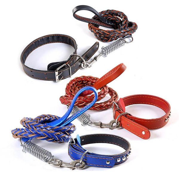 

dog leashes rope genuine cowhide leather large weaving hauling pope resistant spring traction belt for walk collar collars &