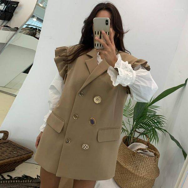 

women blazers double breasted ruffle sleeveless blazer coat korean causal notched collar suit jacket 2021 elegant, White;black