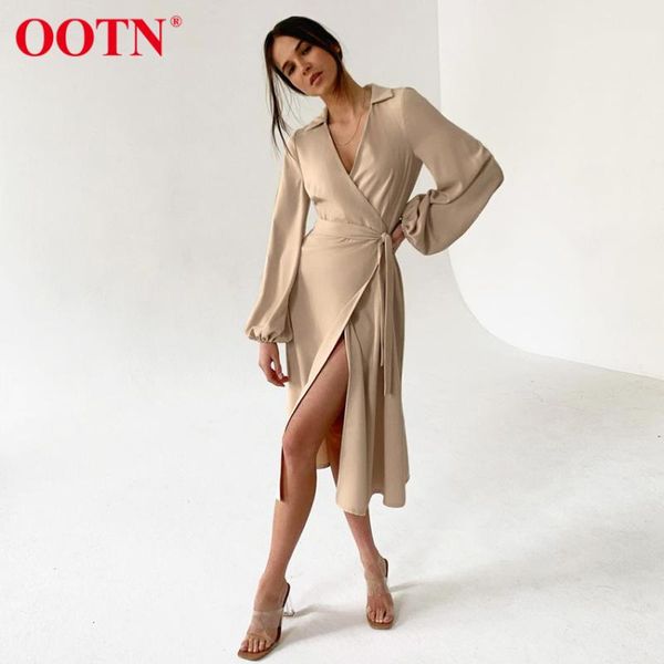 

casual khaki wrap midi dress female v neck lantern sleeve spring autumn ladies chic elegant a line split women blue dresses, Black;gray