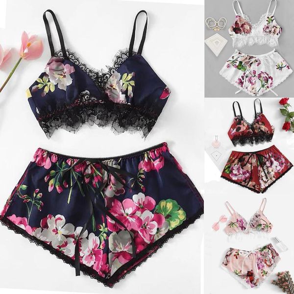 

fashion pyjamas women sleepwear lace satin trim floral bow lingerie set pajamas babydoll pijama mujer, Black;red