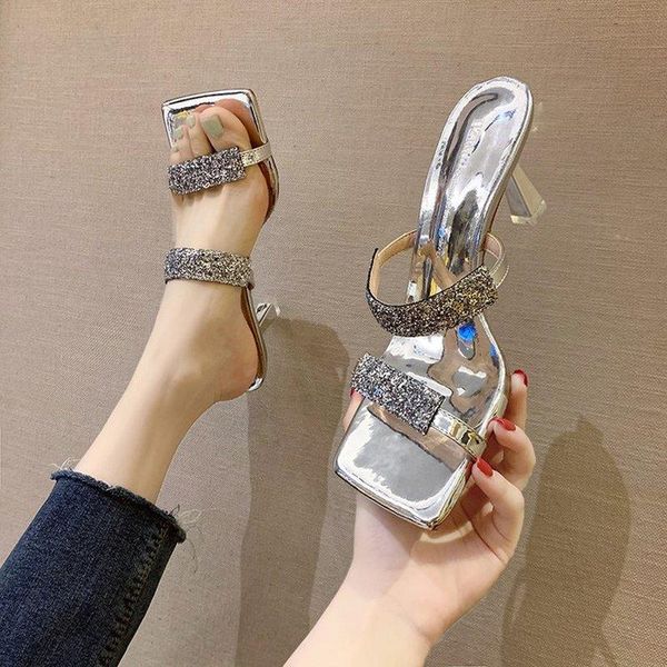 

summer women thin high heels sandals fashion glitter squared toe ladies wedding rhinestone shoes for woman party, Black