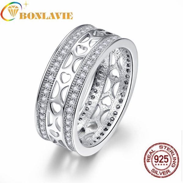 

wedding rings genuine wide-faced hollow heart-shaped double-row cz finger for women engagement jewelry, Slivery;golden