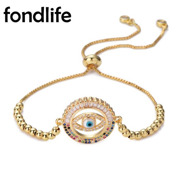 

charm bracelets multicolor rainbow cubic zirconia stones round evil eye lucky bracelet women girl luxury classic copper bead jewelry gift, Golden;silver