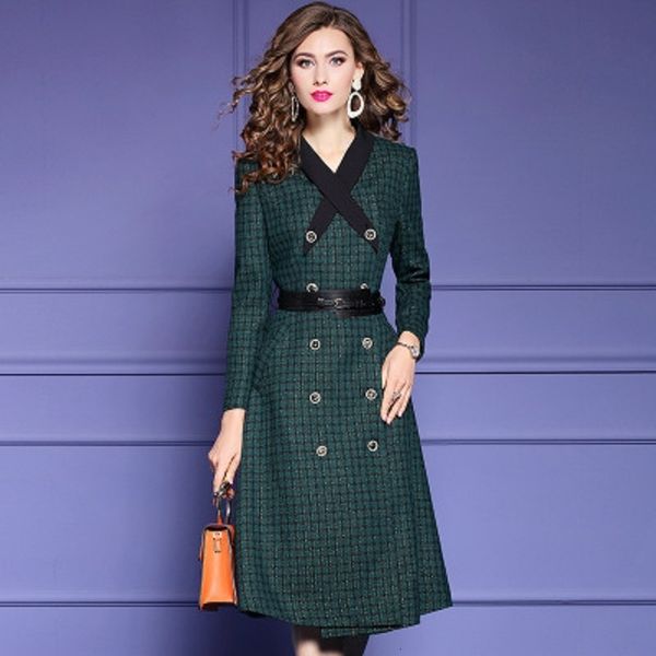 

casual dresses solid print plaid vintage dress women autumn winter retro office lady high waist mid length a-line double breasted skirt qqus, Black;gray